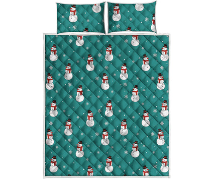 Teal Snowman Pattern Print Quilt Bed Set