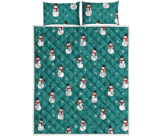 Teal Snowman Pattern Print Quilt Bed Set