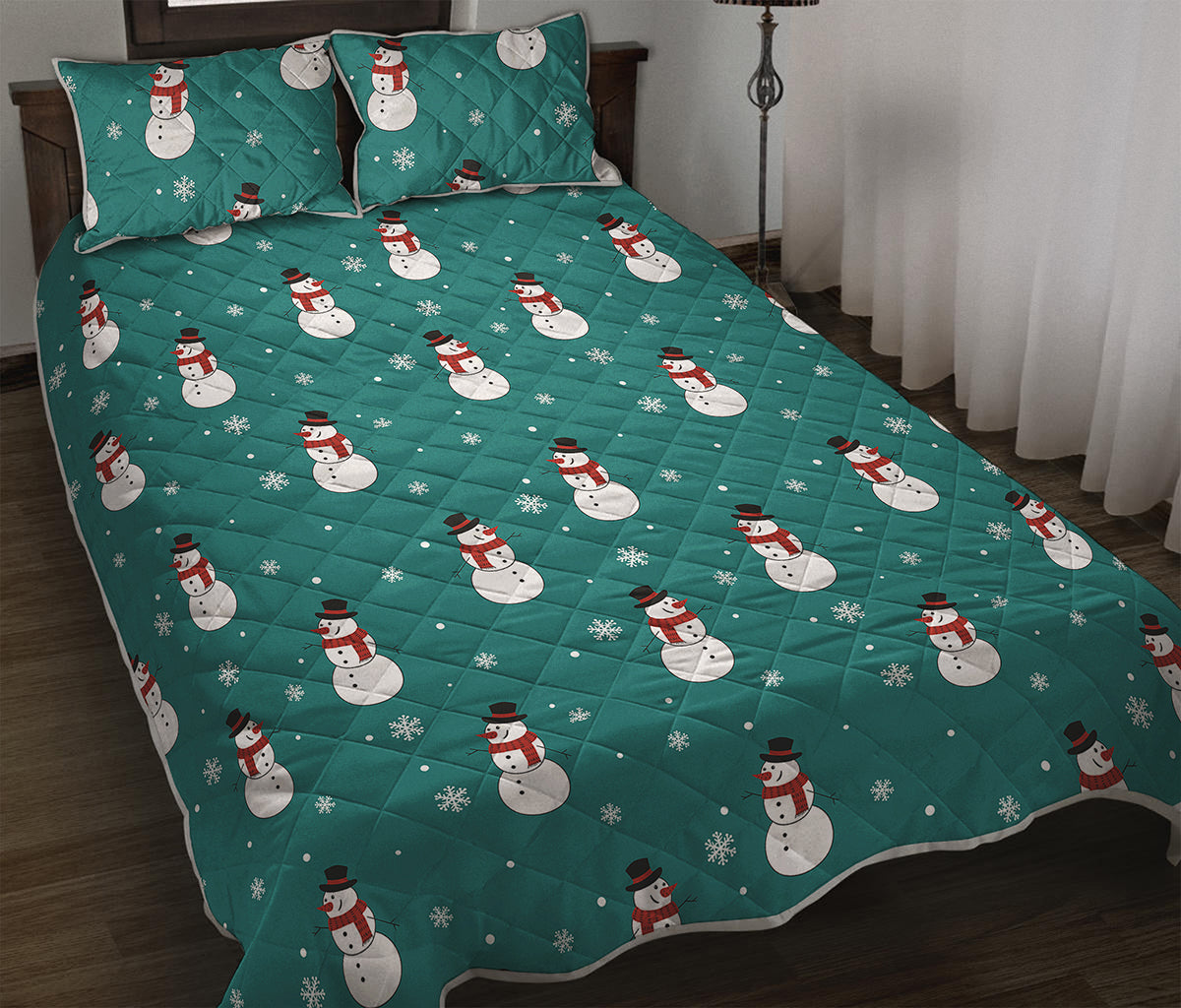 Teal Snowman Pattern Print Quilt Bed Set