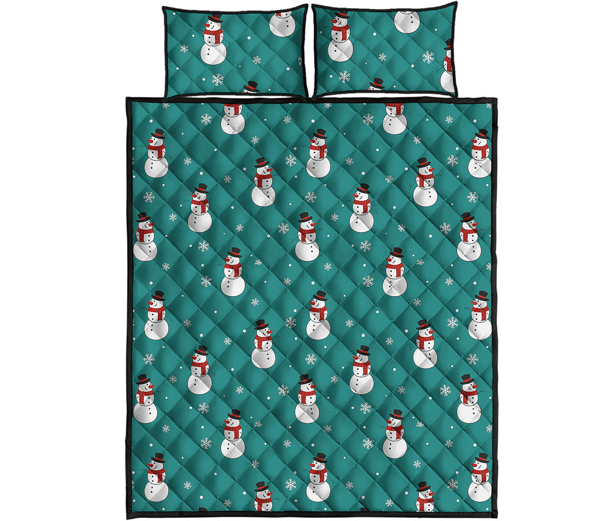 Teal Snowman Pattern Print Quilt Bed Set