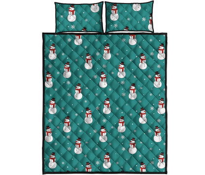 Teal Snowman Pattern Print Quilt Bed Set