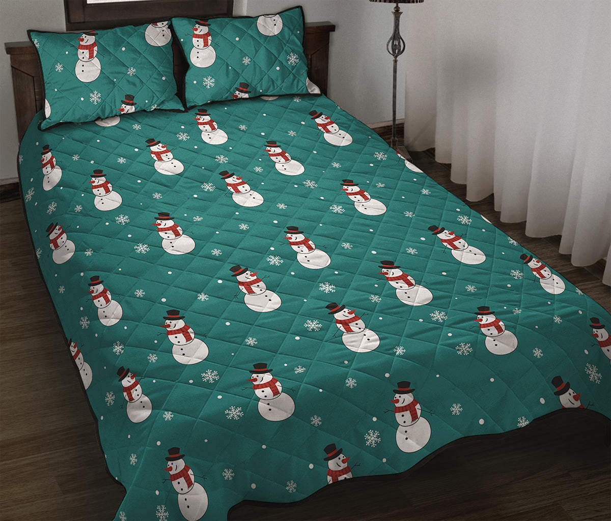 Teal Snowman Pattern Print Quilt Bed Set