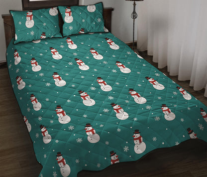 Teal Snowman Pattern Print Quilt Bed Set