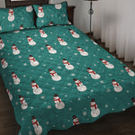 Teal Snowman Pattern Print Quilt Bed Set