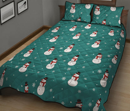 Teal Snowman Pattern Print Quilt Bed Set