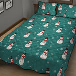 Teal Snowman Pattern Print Quilt Bed Set