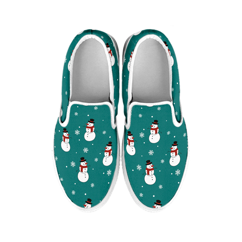 Teal Snowman Pattern Print White Slip On Shoes