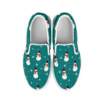 Teal Snowman Pattern Print White Slip On Shoes