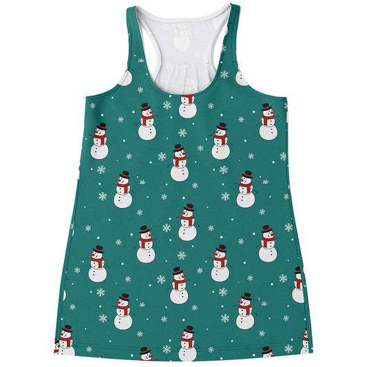 Teal Snowman Pattern Print Women's Racerback Tank Top