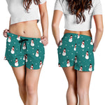 Teal Snowman Pattern Print Women's Shorts