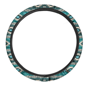 Teal Southwestern Navajo Pattern Print Car Steering Wheel Cover