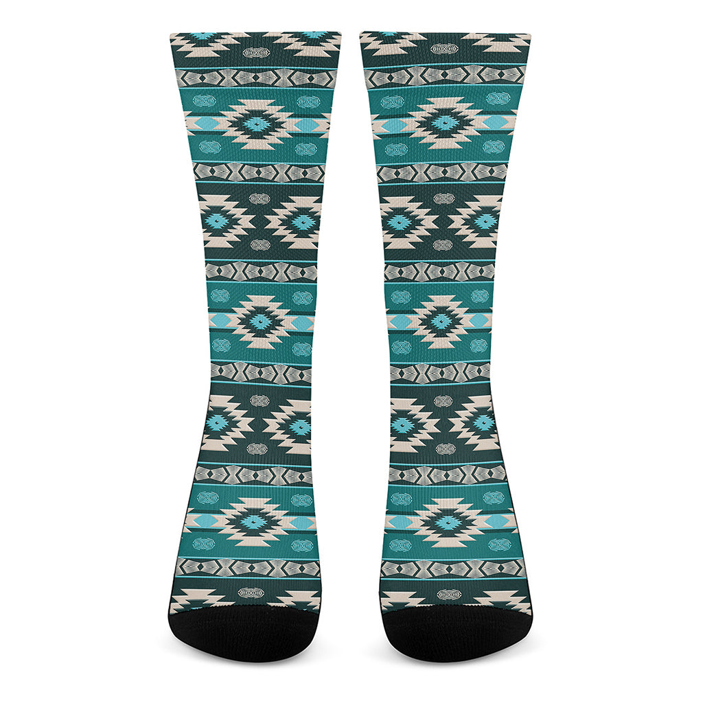 Teal Southwestern Navajo Pattern Print Crew Socks