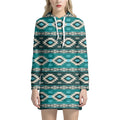 Teal Southwestern Navajo Pattern Print Pullover Hoodie Dress