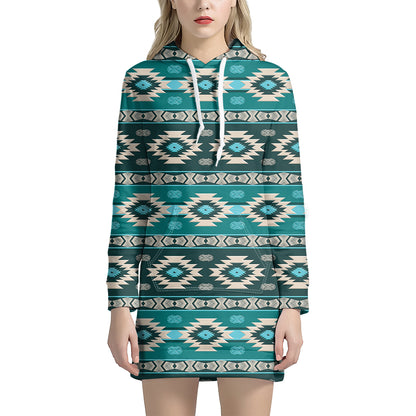 Teal Southwestern Navajo Pattern Print Hoodie Dress