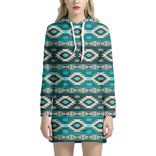 Teal Southwestern Navajo Pattern Print Hoodie Dress