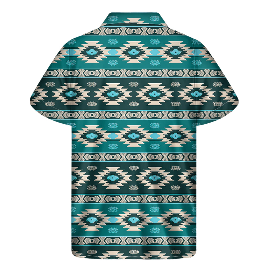 Teal Southwestern Navajo Pattern Print Men's Short Sleeve Shirt