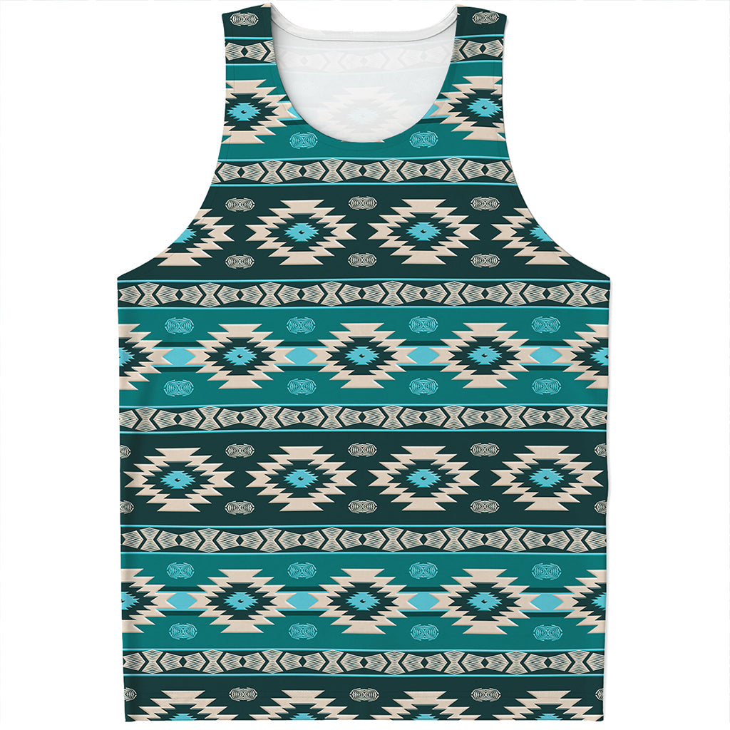 Teal Southwestern Navajo Pattern Print Men's Tank Top