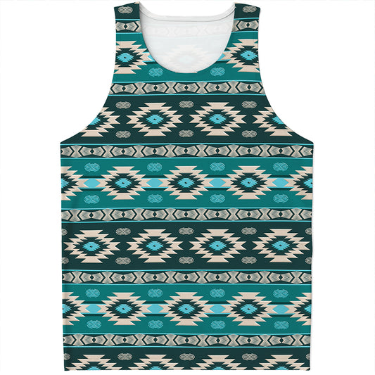 Teal Southwestern Navajo Pattern Print Men's Tank Top