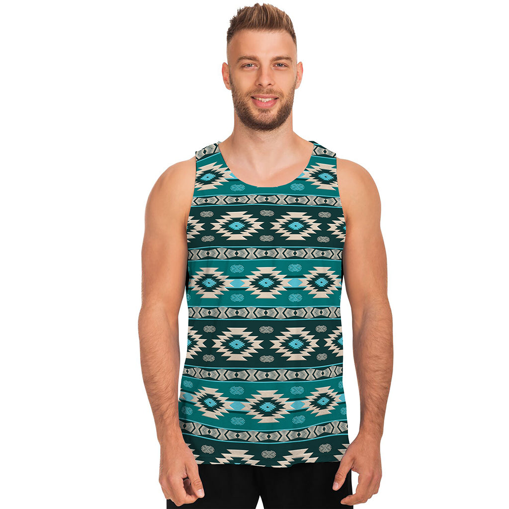 Teal Southwestern Navajo Pattern Print Men's Tank Top