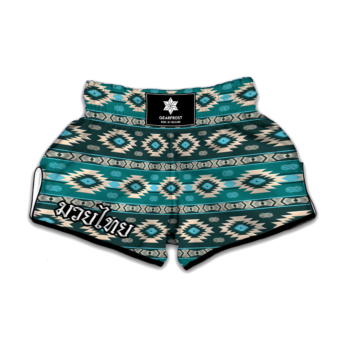 Teal Southwestern Navajo Pattern Print Muay Thai Boxing Shorts