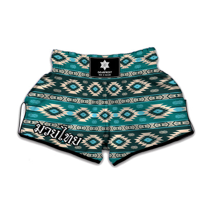 Teal Southwestern Navajo Pattern Print Muay Thai Boxing Shorts