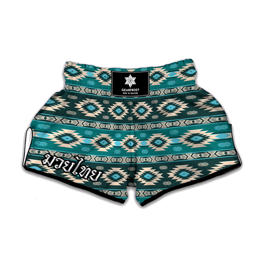 Teal Southwestern Navajo Pattern Print Muay Thai Boxing Shorts