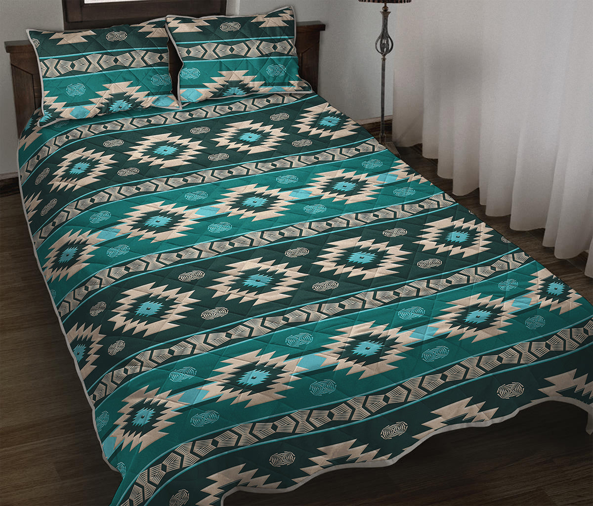 Teal Southwestern Navajo Pattern Print Quilt Bed Set