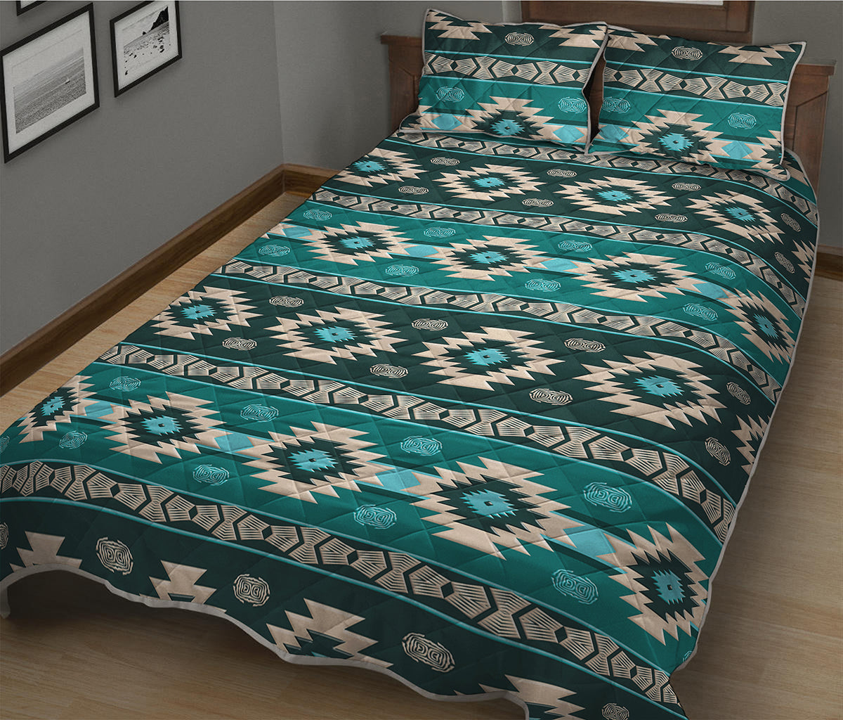 Teal Southwestern Navajo Pattern Print Quilt Bed Set