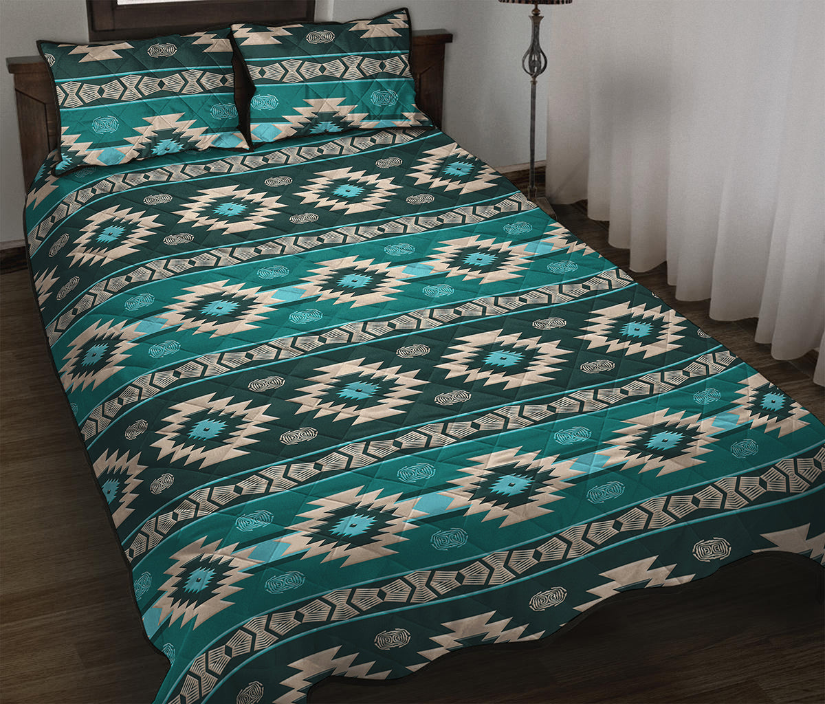 Teal Southwestern Navajo Pattern Print Quilt Bed Set