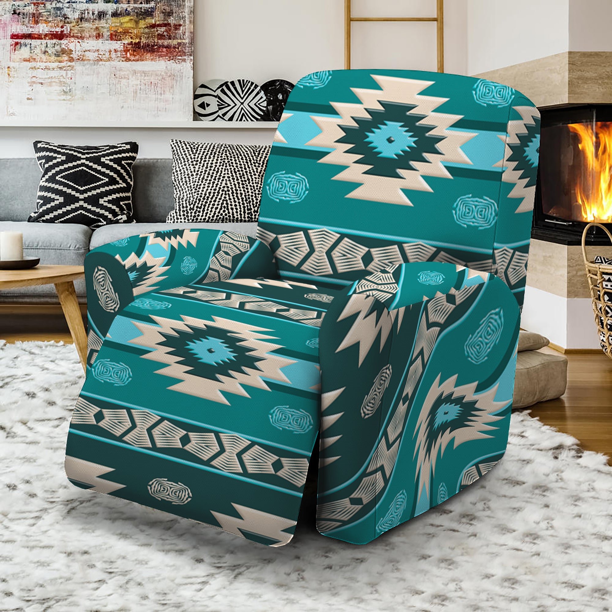 Teal Southwestern Navajo Pattern Print Recliner Slipcover