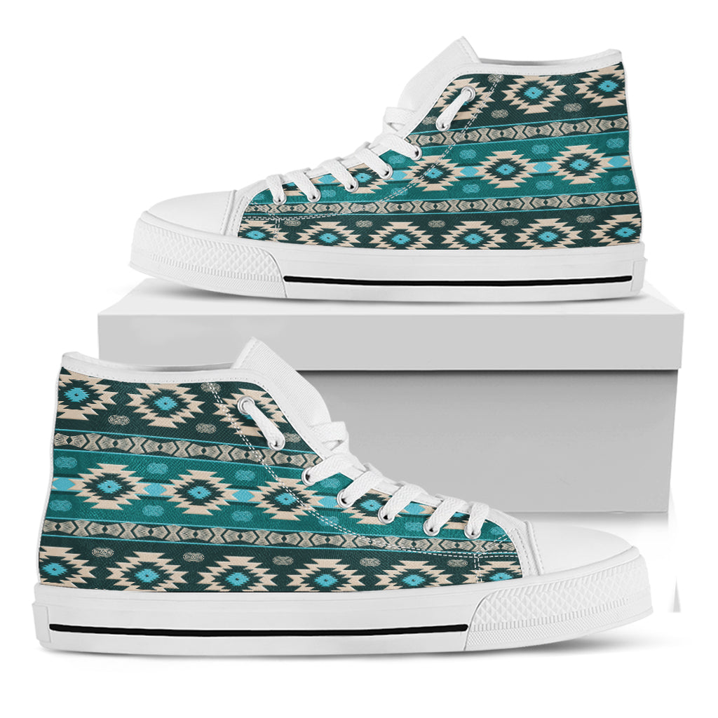 Teal Southwestern Navajo Pattern Print White High Top Shoes