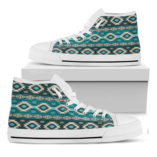 Teal Southwestern Navajo Pattern Print White High Top Shoes