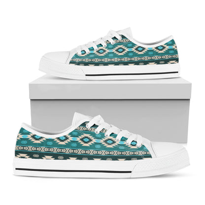 Teal Southwestern Navajo Pattern Print White Low Top Shoes