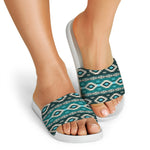 Teal Southwestern Navajo Pattern Print White Slide Sandals
