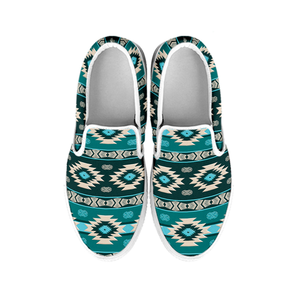 Teal Southwestern Navajo Pattern Print White Slip On Shoes