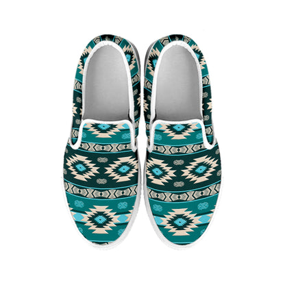 Teal Southwestern Navajo Pattern Print White Slip On Shoes