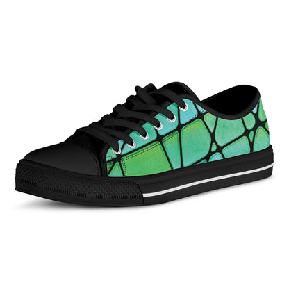 Teal Stained Glass Mosaic Print Black Low Top Shoes