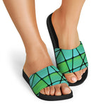 Teal Stained Glass Mosaic Print Black Slide Sandals