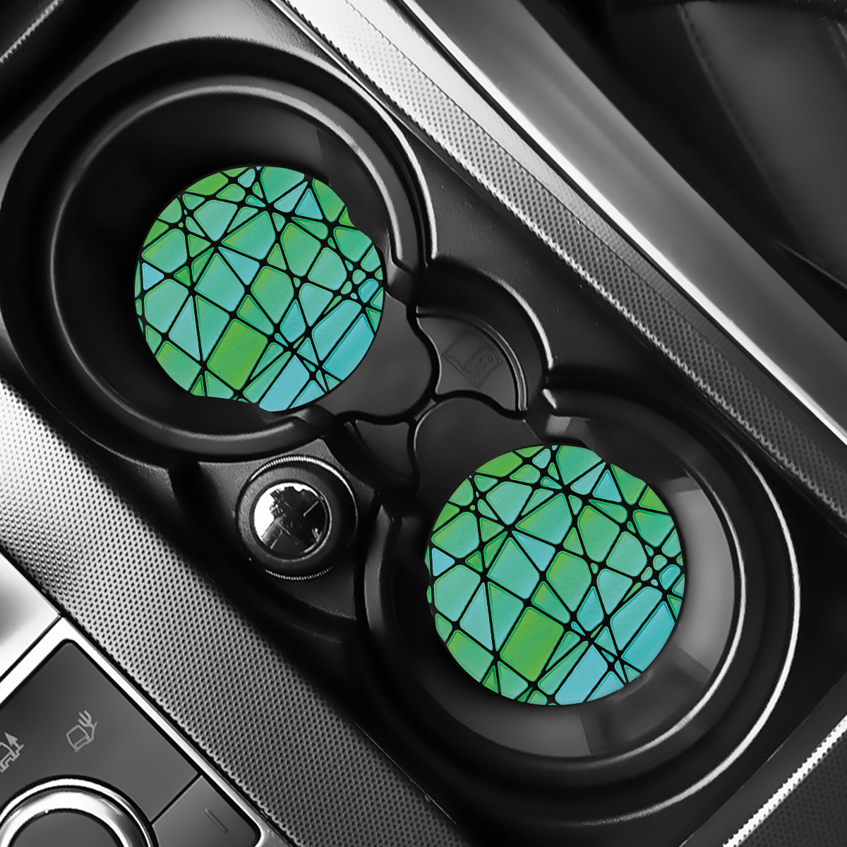 Teal Stained Glass Mosaic Print Car Coasters