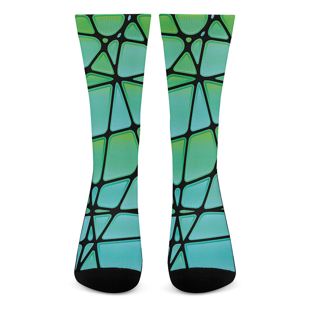 Teal Stained Glass Mosaic Print Crew Socks