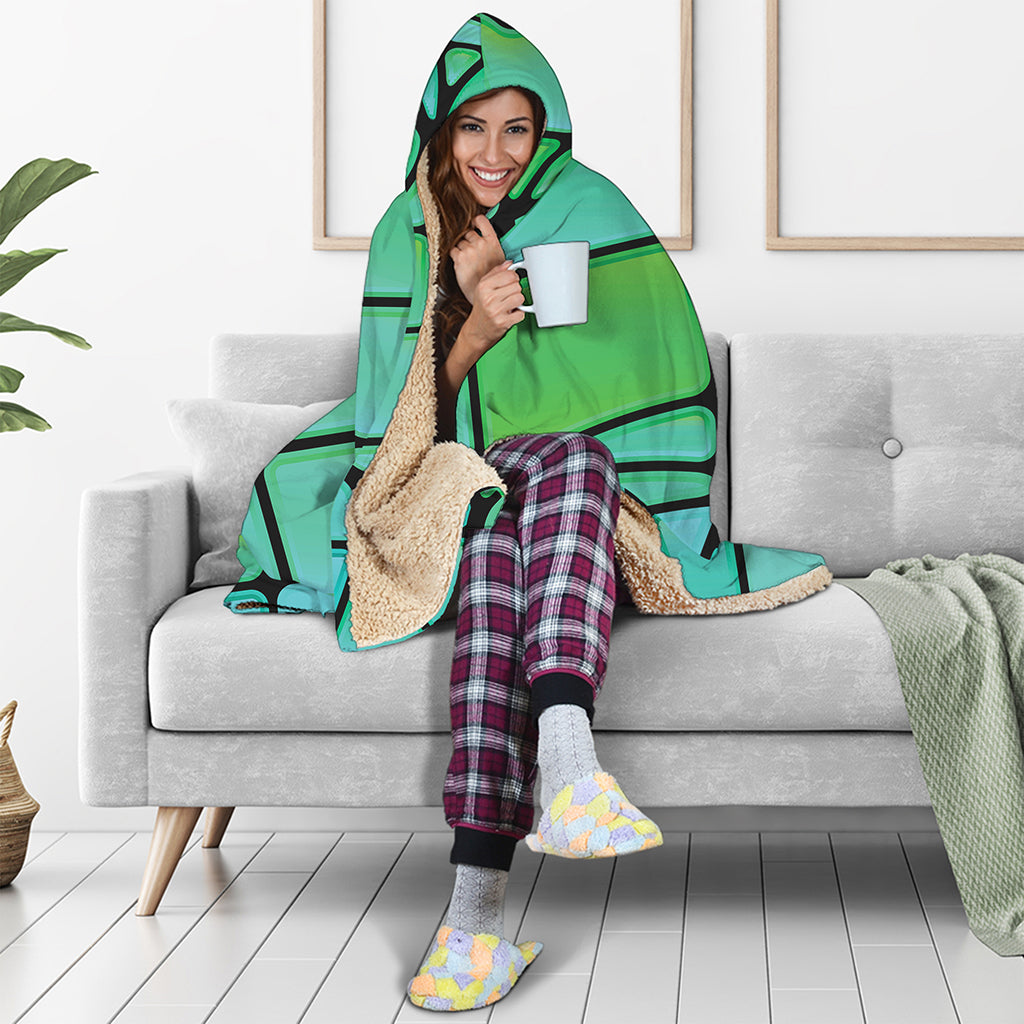 Teal Stained Glass Mosaic Print Hooded Blanket