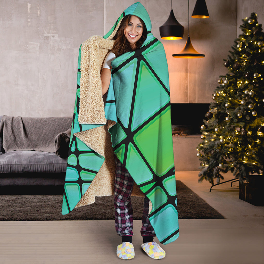 Teal Stained Glass Mosaic Print Hooded Blanket
