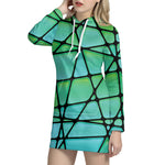 Teal Stained Glass Mosaic Print Hoodie Dress