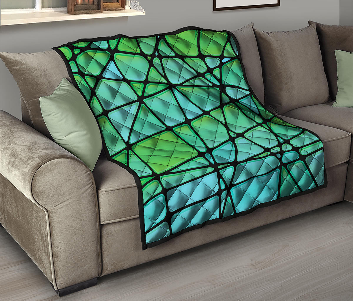 Teal Stained Glass Mosaic Print Quilt