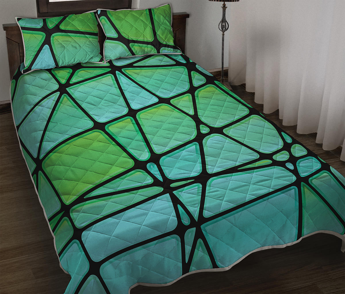 Teal Stained Glass Mosaic Print Quilt Bed Set