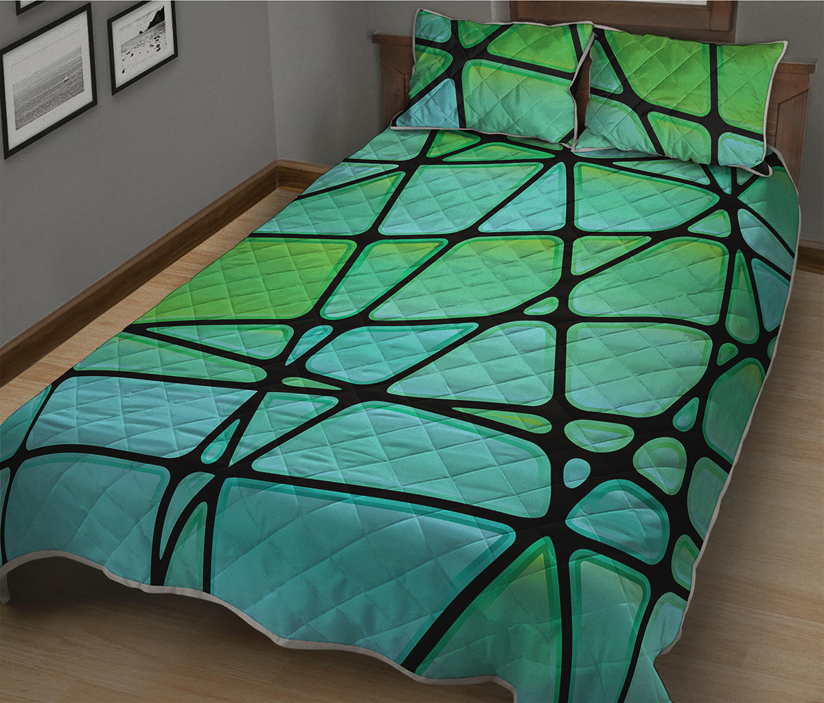Teal Stained Glass Mosaic Print Quilt Bed Set