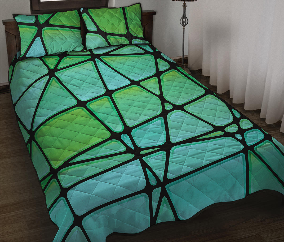 Teal Stained Glass Mosaic Print Quilt Bed Set