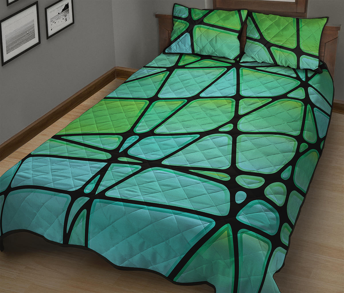 Teal Stained Glass Mosaic Print Quilt Bed Set