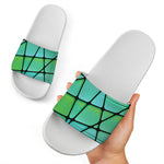 Teal Stained Glass Mosaic Print White Slide Sandals