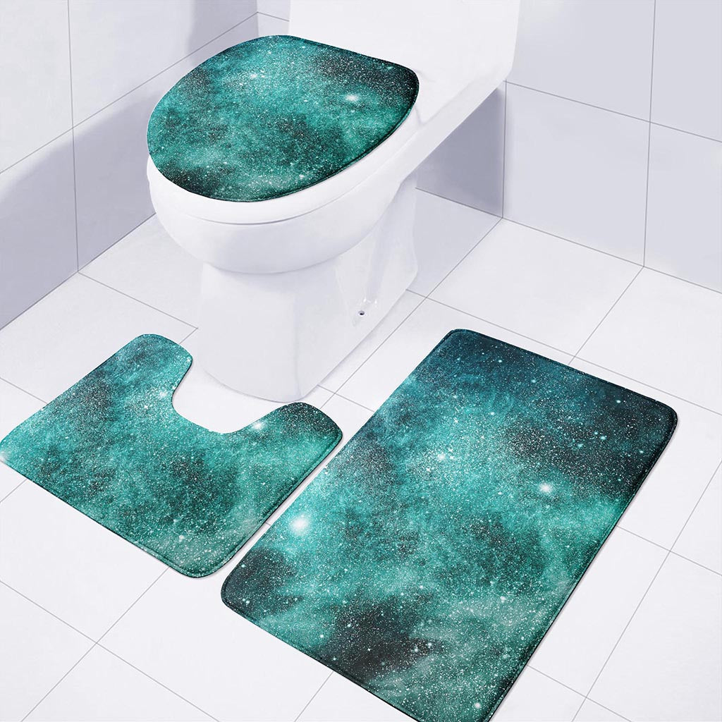 Teal Stardust Galaxy Space Print 3 Piece Bath Mat Set